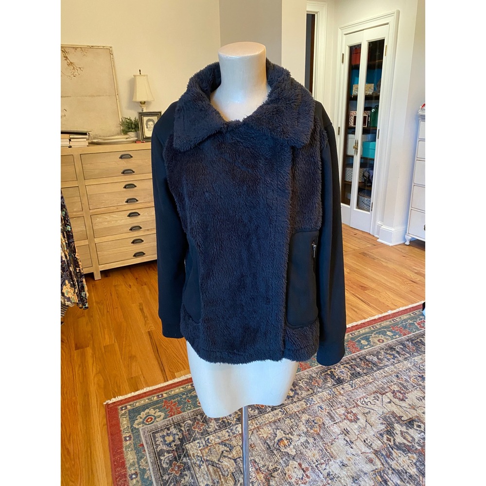 Democracy Black Asymmetrical Zip Faux Fur Moto Jacket Women's L
